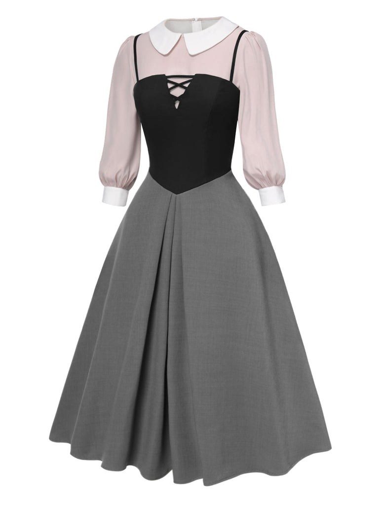2PCS chemisier rose contrasté et robe grise des années 40