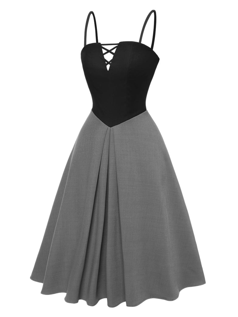Robe à bretelles plissée à blocs de couleurs grise des années 40
