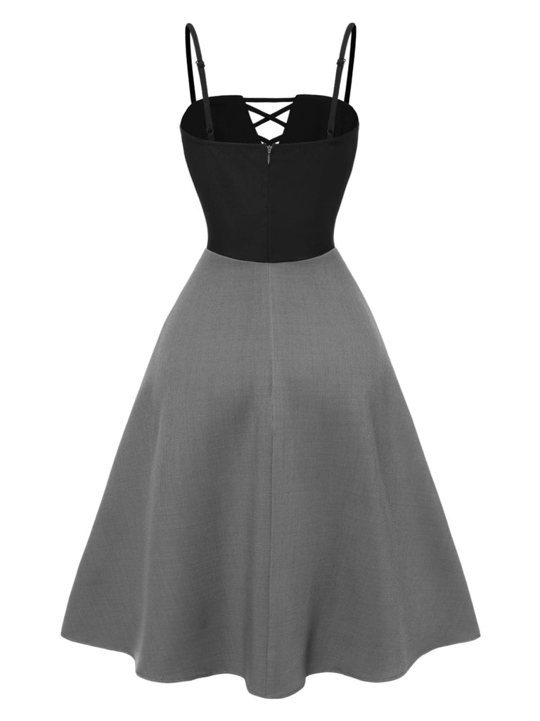 Robe à bretelles plissée à blocs de couleurs grise des années 40