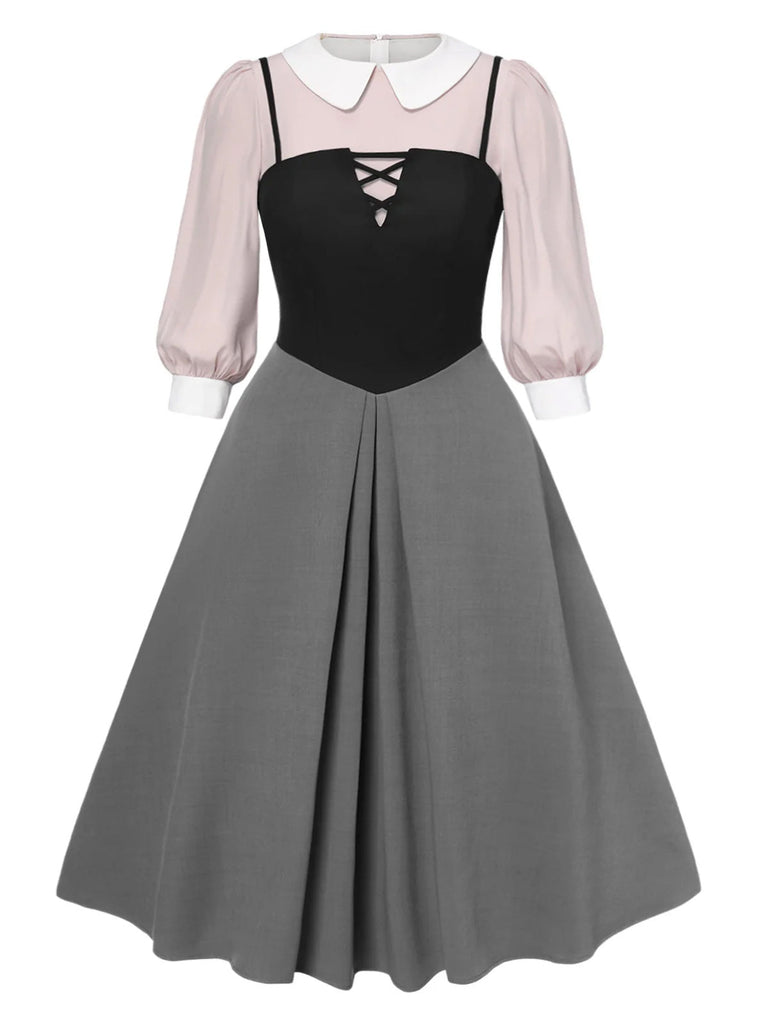 [Pré-vente] [Grande taille] 2PCS chemisier rose colorblock et robe grise des années 40