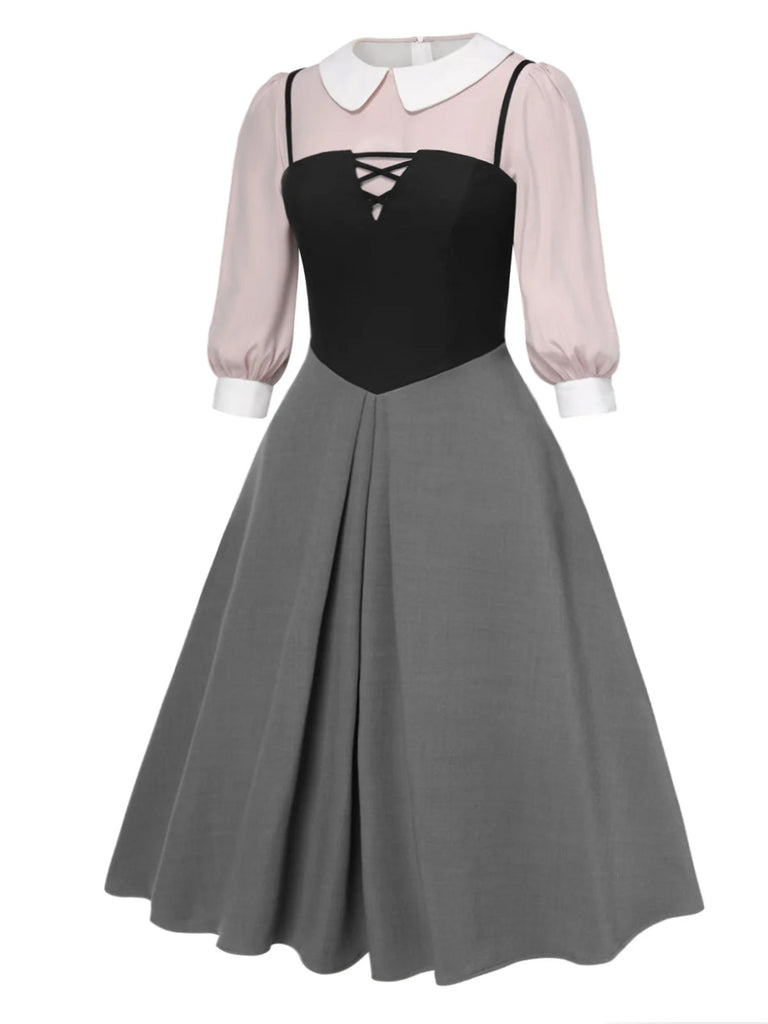 [Pré-vente] [Grande taille] 2PCS chemisier rose colorblock et robe grise des années 40