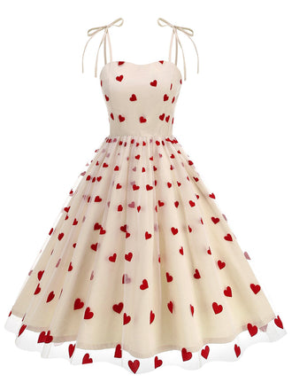 Robe à bretelles en patchwork de mailles à cœurs rouges des années 1950