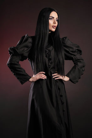 Robe de sorcière noire à fleurs floquées WICKED des années 1940