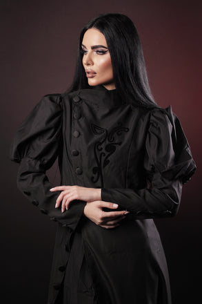 Robe de sorcière noire à fleurs floquées WICKED des années 1940