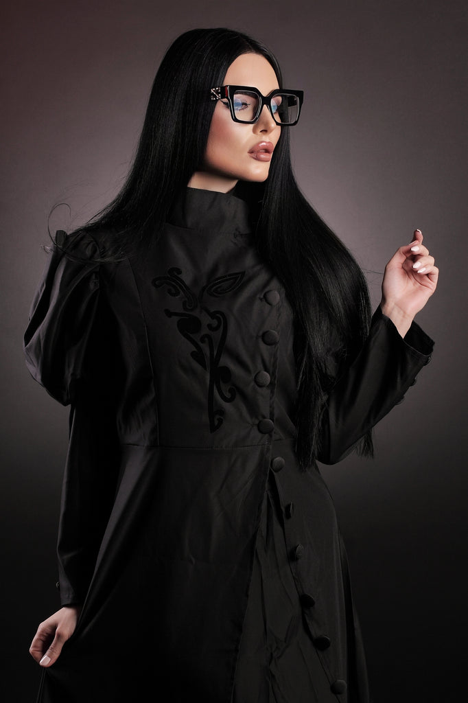 Robe de sorcière noire à fleurs floquées WICKED des années 1940