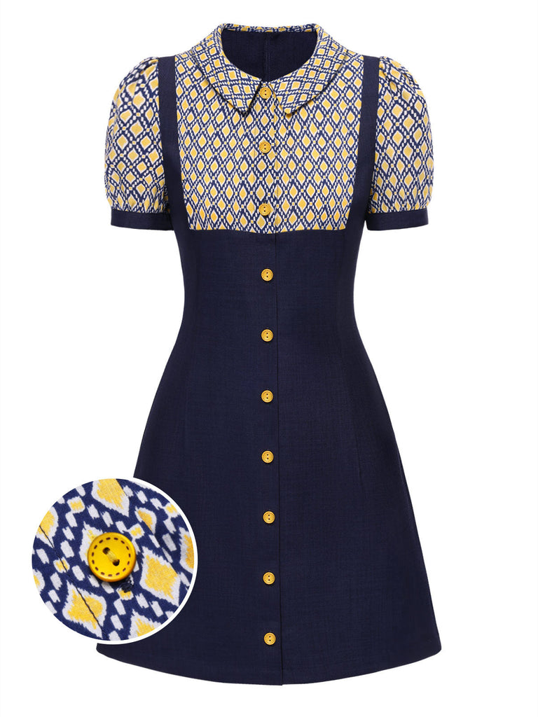 Robe bleue carreaux argyle col claudine des années 1960