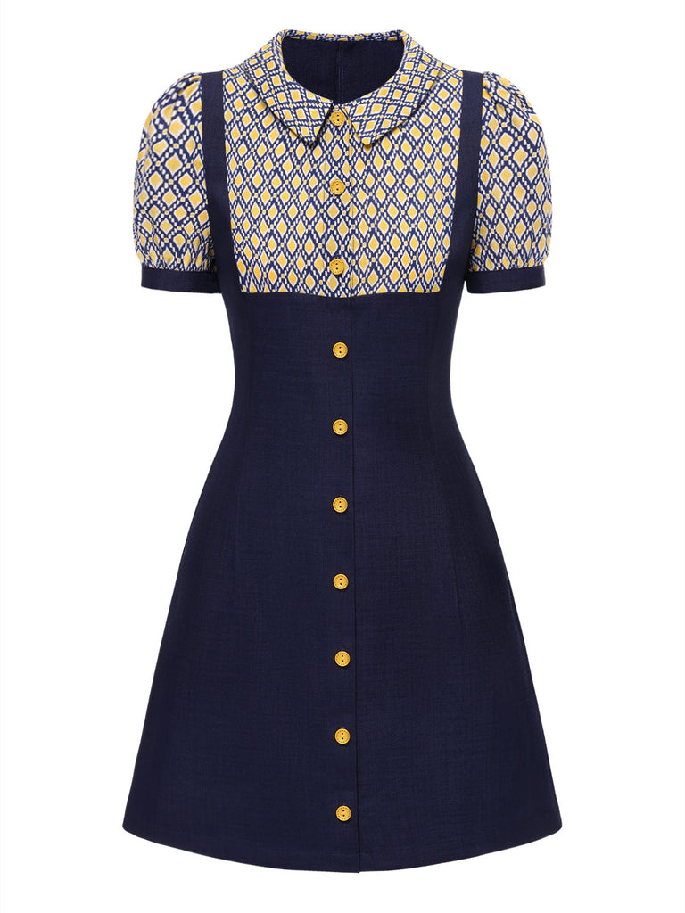 Robe bleue carreaux argyle col claudine des années 1960
