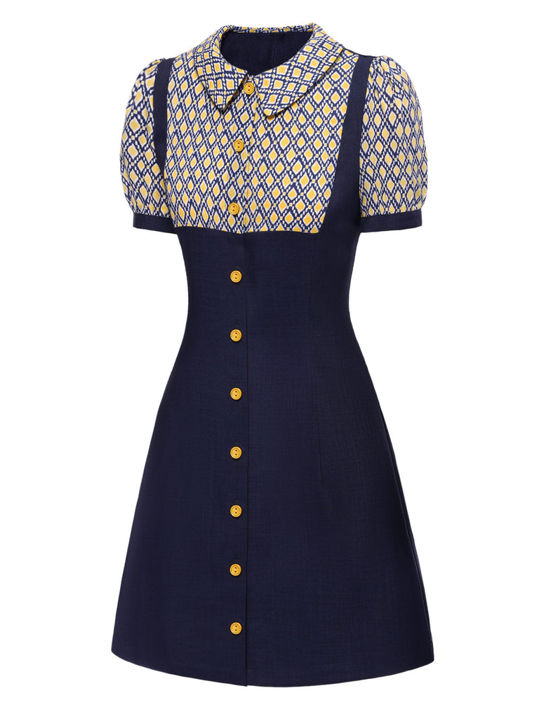 Robe bleue carreaux argyle col claudine des années 1960