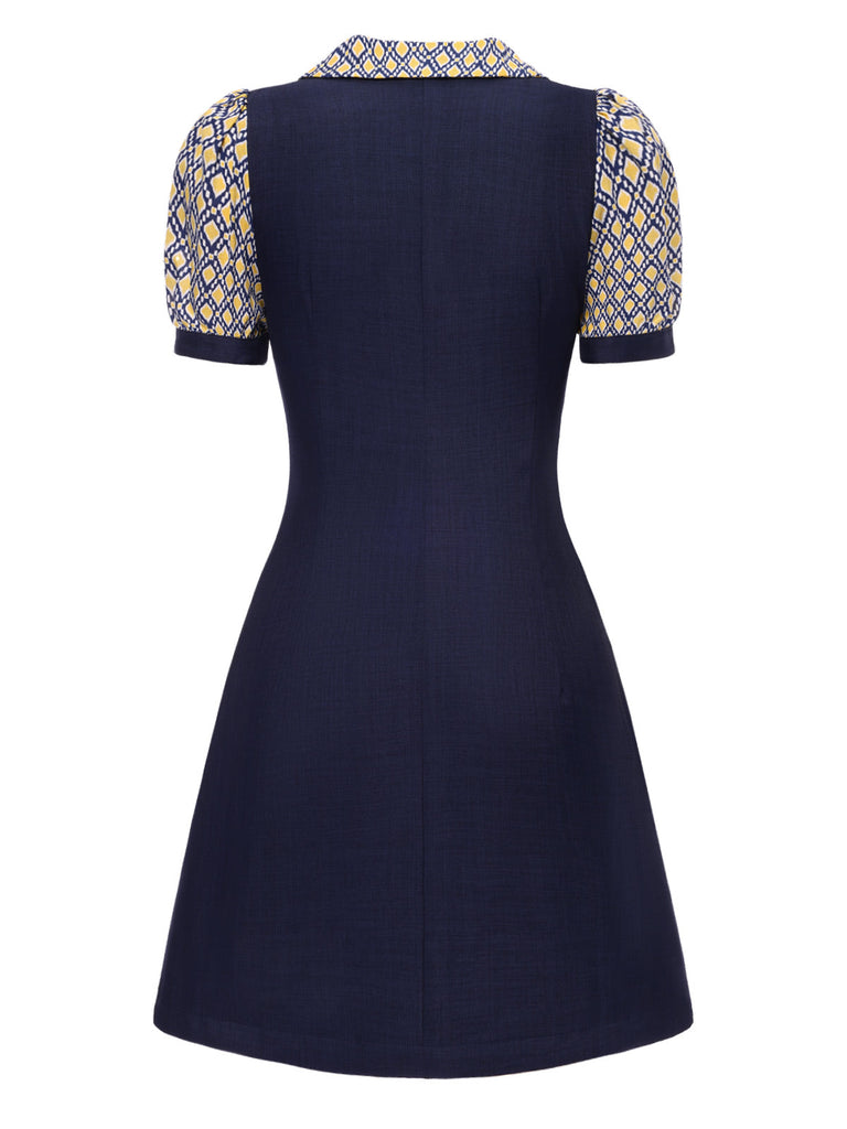 Robe bleue carreaux argyle col claudine des années 1960