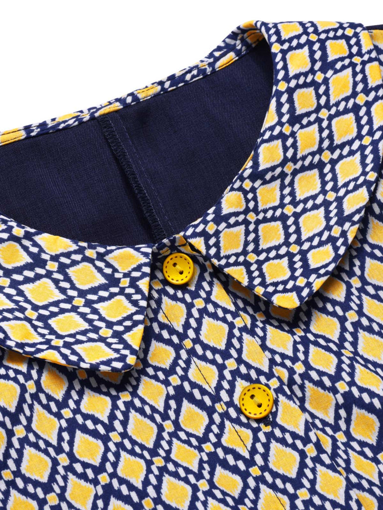 Robe bleue carreaux argyle col claudine des années 1960