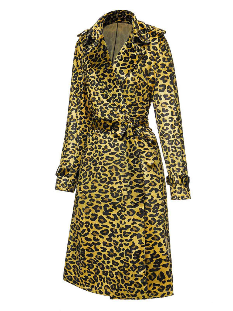 Manteau marron léopard en velours côtelé à ceinture des années 1950