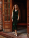 Robe de sirène en velours vert à col en V et boutons des années 1930