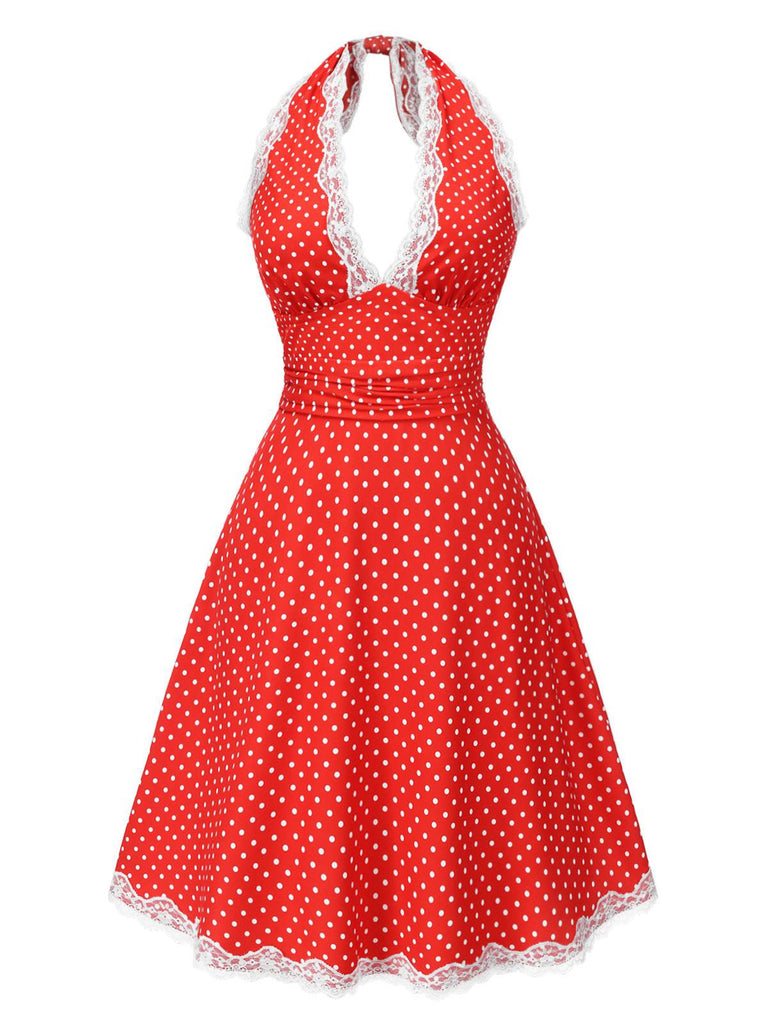 [Prévente] Robe dos nu en dentelle froncée à pois rouge des années 1950