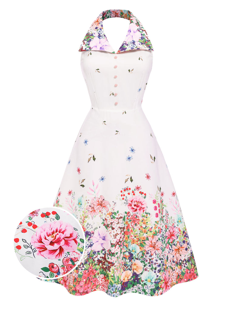 Robe blanche patchwork à revers fleuris des années 1940