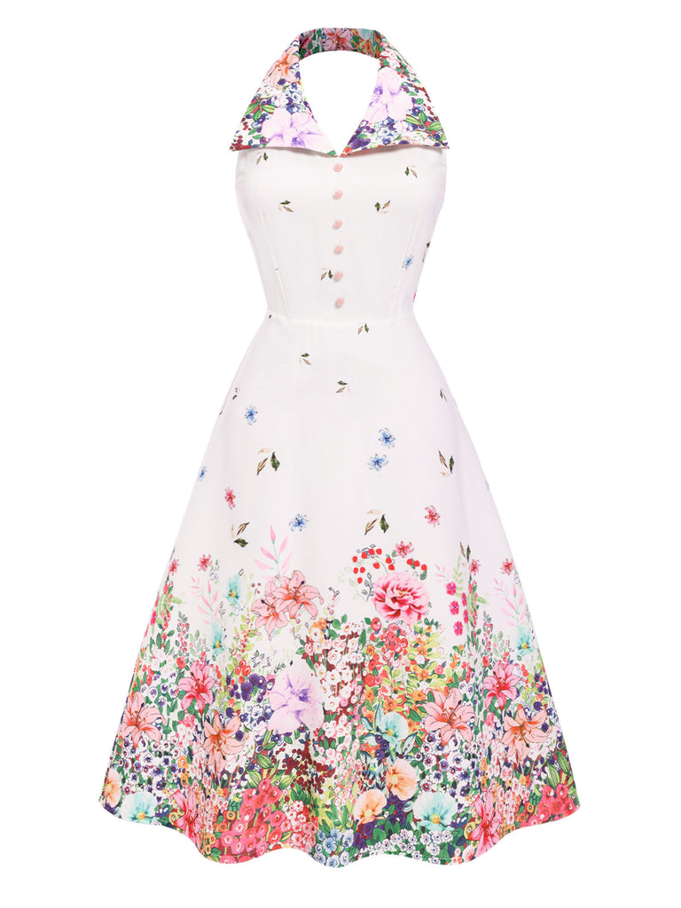 Robe blanche patchwork à revers fleuris des années 1940