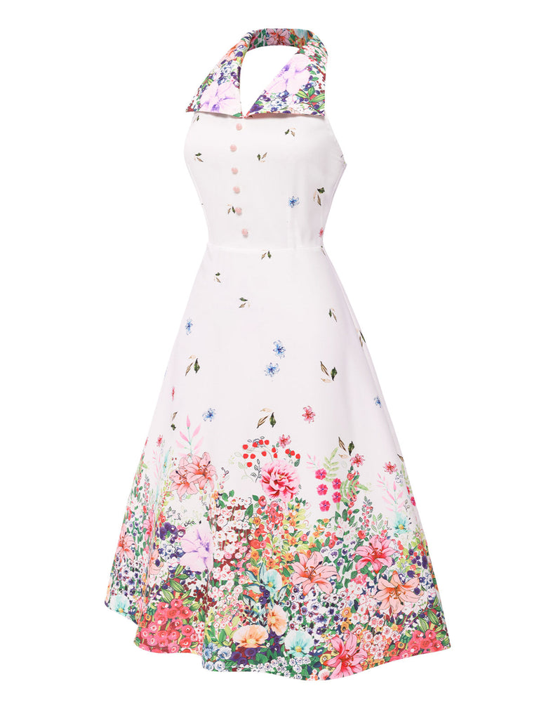 Robe blanche patchwork à revers fleuris des années 1940