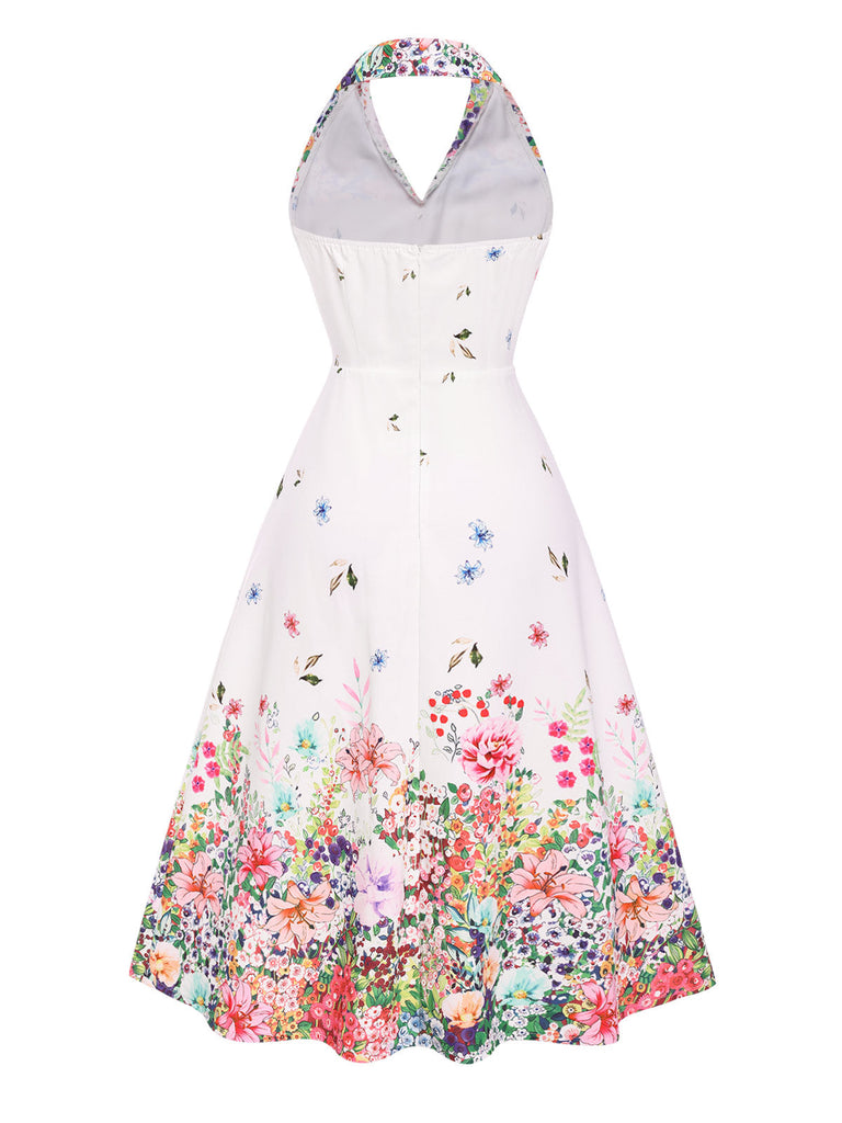 Robe blanche patchwork à revers fleuris des années 1940