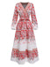 Robe rose à col V style bohème fleuri des années 1970