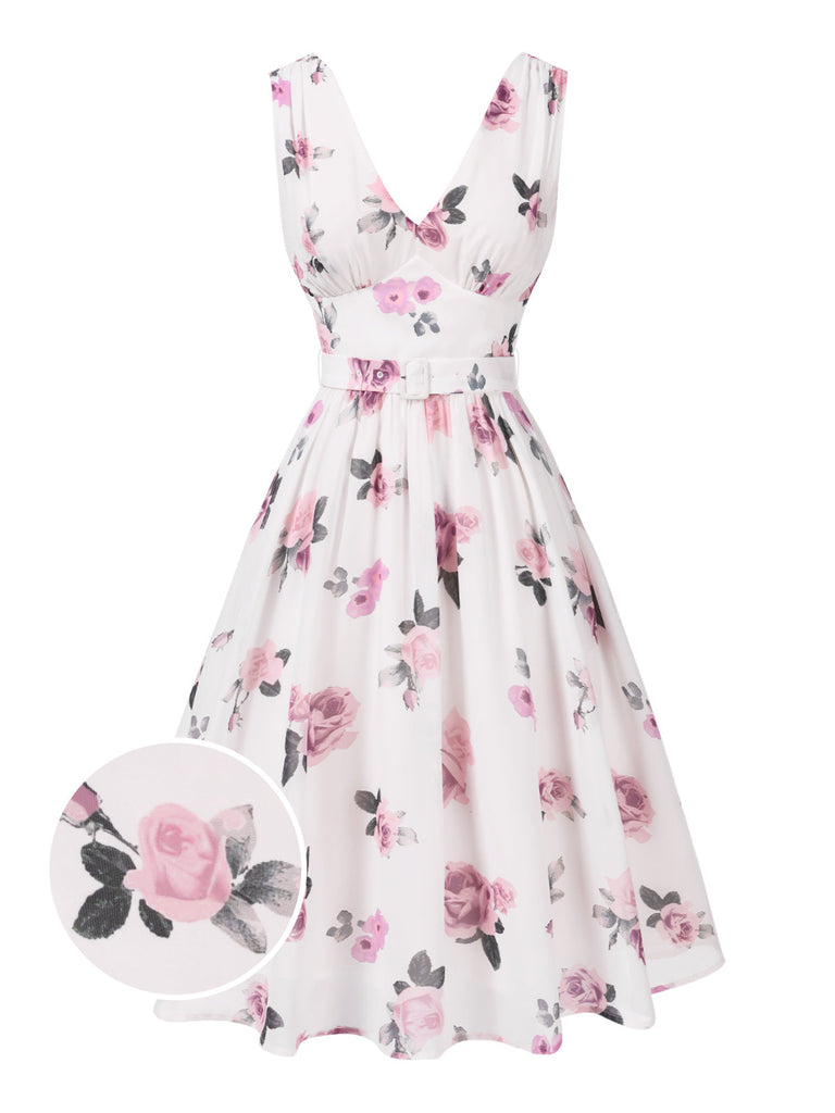 Robe rose en mousseline de soie roses col V profond des années 1940