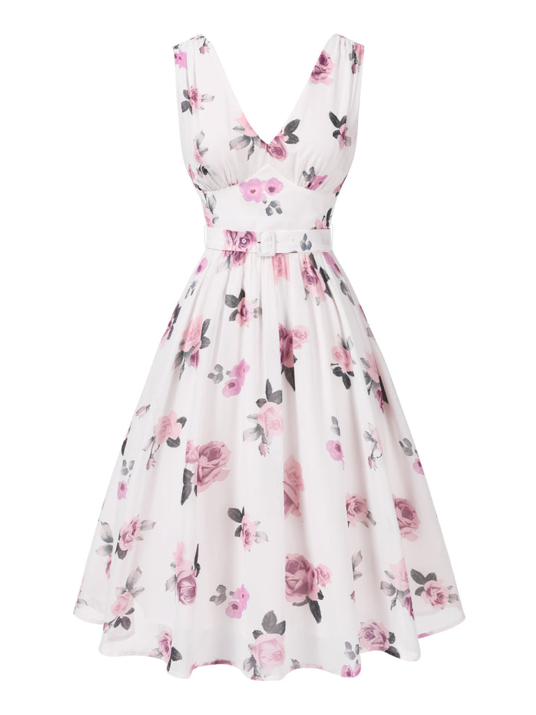 Robe rose en mousseline de soie roses col V profond des années 1940