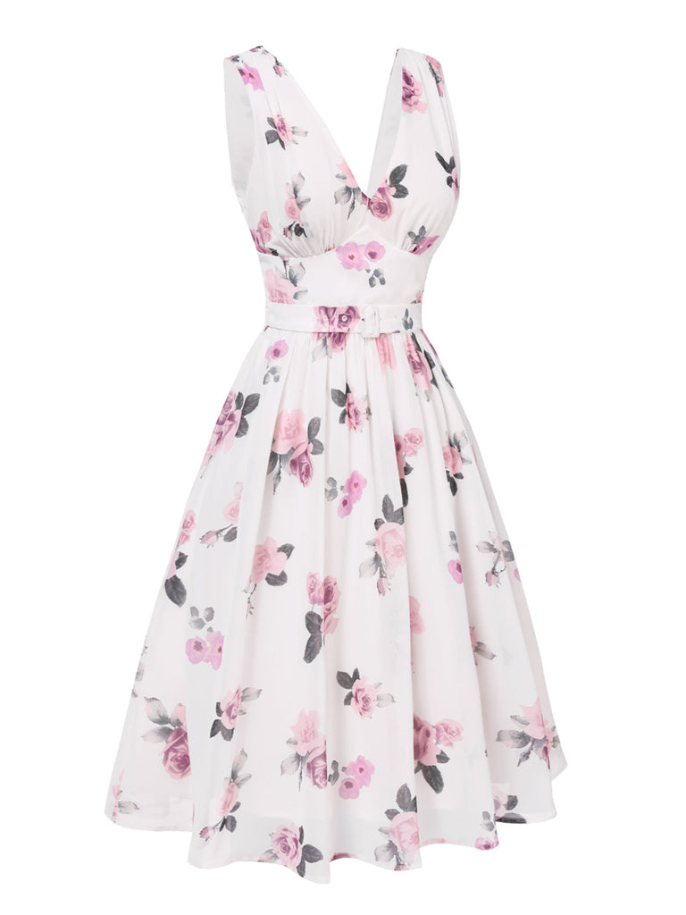Robe rose en mousseline de soie roses col V profond des années 1940