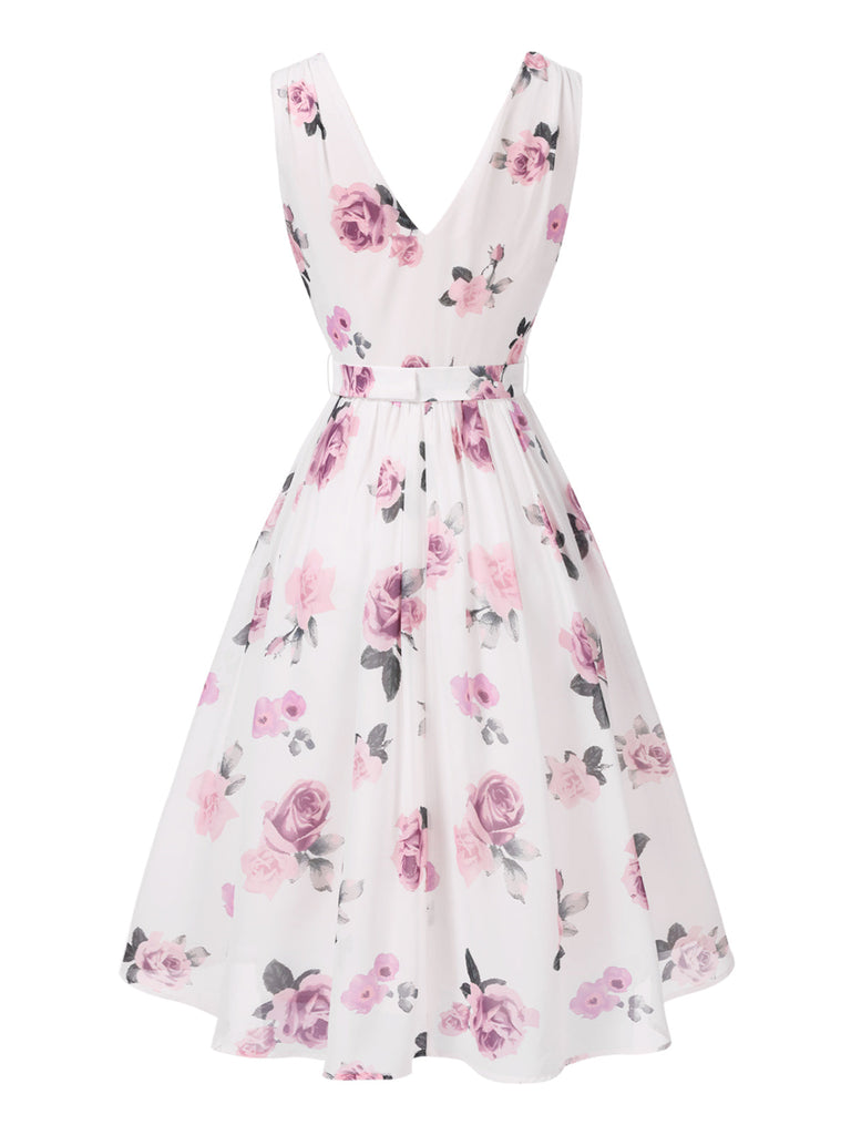 Robe rose en mousseline de soie roses col V profond des années 1940