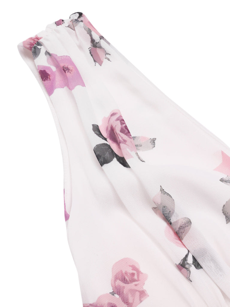 Robe rose en mousseline de soie roses col V profond des années 1940