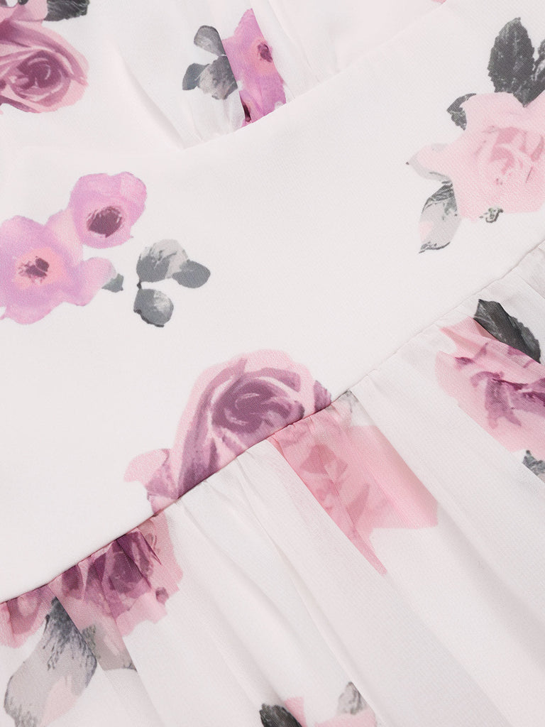 Robe rose en mousseline de soie roses col V profond des années 1940