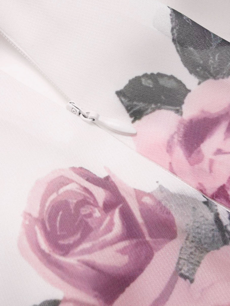 Robe rose en mousseline de soie roses col V profond des années 1940