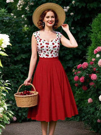 Robe rouge cerise à col cœur manches courtes en dentelle des années 1950