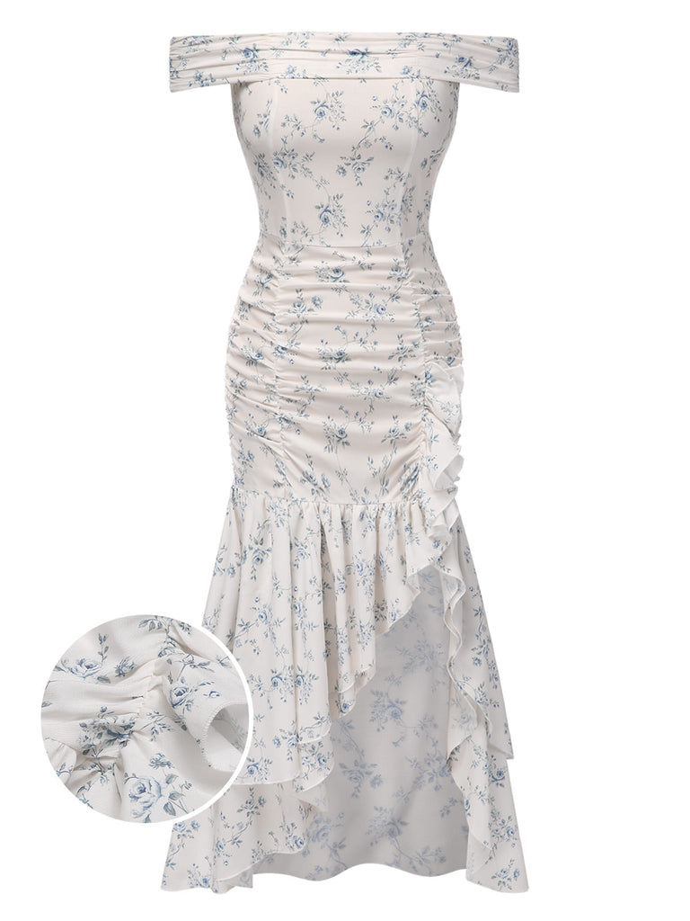 Robe bleue à volants et épaules dénudées à motif floral des années 1930