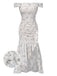 Robe bleue à volants et épaules dénudées à motif floral des années 1930