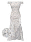 Robe bleue à volants et épaules dénudées à motif floral des années 1930