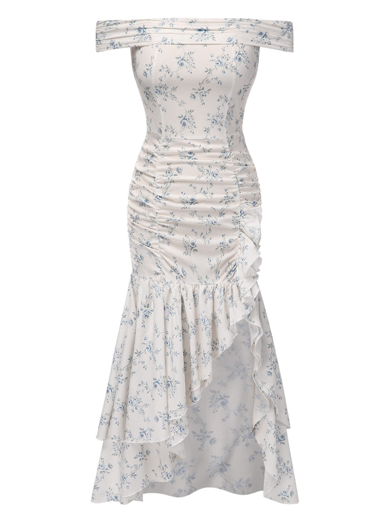 Robe bleue à volants et épaules dénudées à motif floral des années 1930
