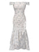 Robe bleue à volants et épaules dénudées à motif floral des années 1930