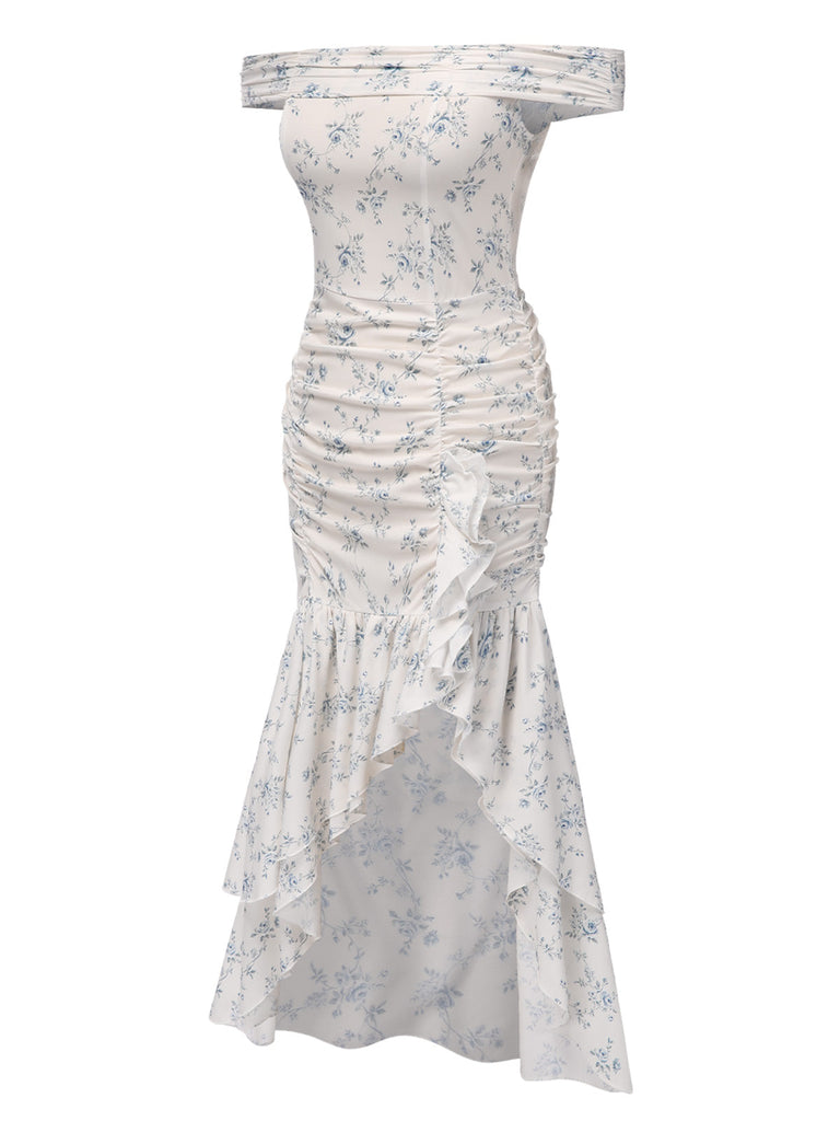 Robe bleue à volants et épaules dénudées à motif floral des années 1930