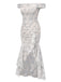 Robe bleue à volants et épaules dénudées à motif floral des années 1930