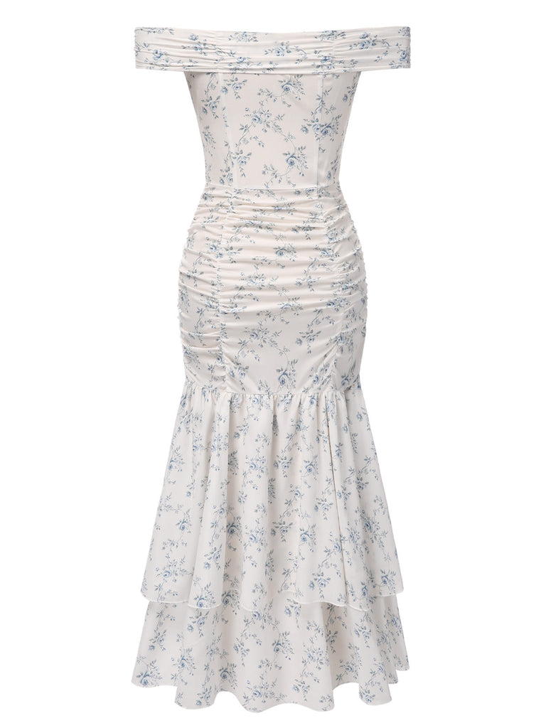 Robe bleue à volants et épaules dénudées à motif floral des années 1930