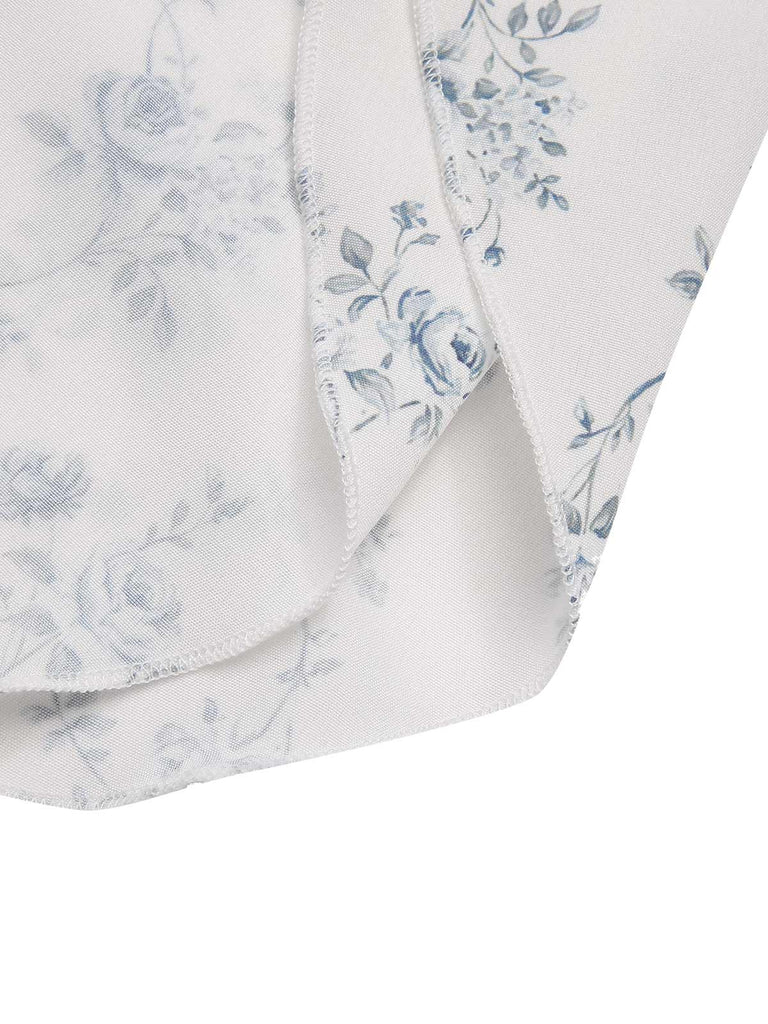 Robe bleue à volants et épaules dénudées à motif floral des années 1930