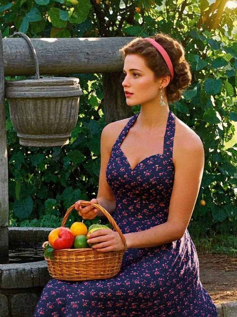 [Pré-vente] Robe licou en coton fleurs bleu foncé avec dentelle des années 1950