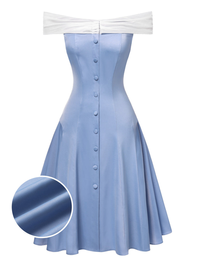 Robe patchwork en tulle bleu à épaules dénudées des années 1950