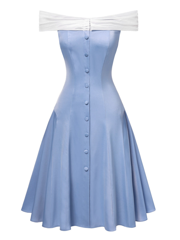 Robe patchwork en tulle bleu à épaules dénudées des années 1950
