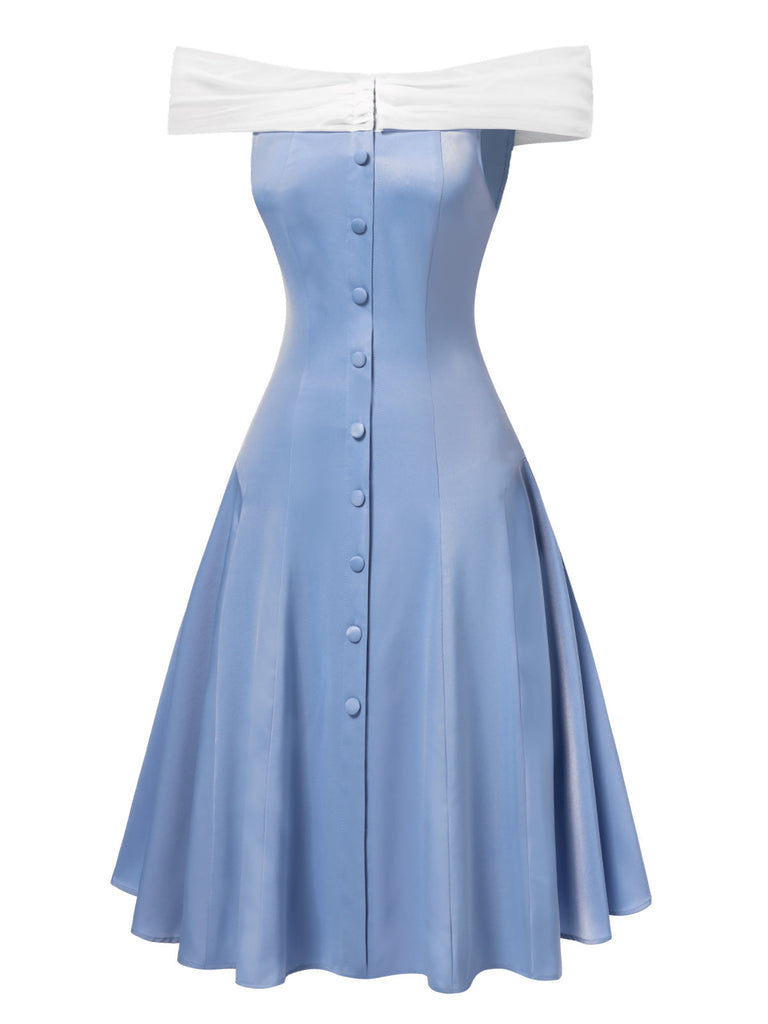 Robe patchwork en tulle bleu à épaules dénudées des années 1950