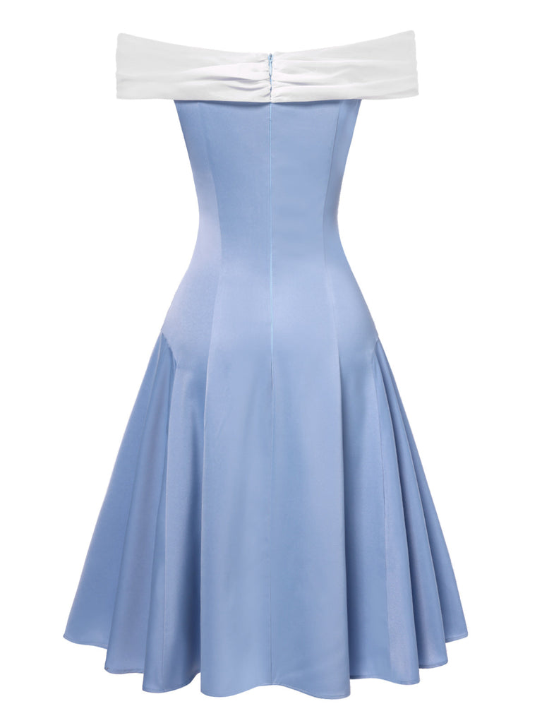 Robe patchwork en tulle bleu à épaules dénudées des années 1950