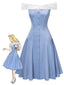 Robe patchwork en tulle bleu à épaules dénudées des années 1950