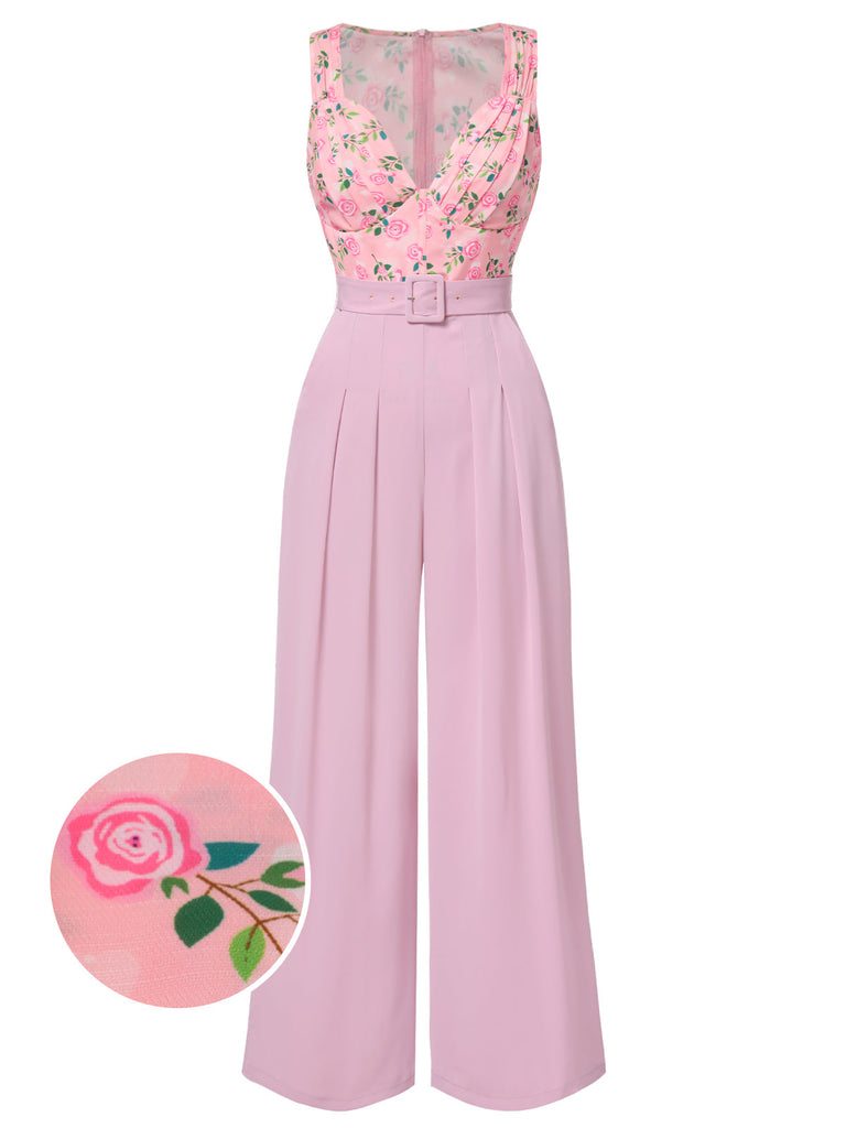 Combinaison ceinturée à col cœur motif roses rose des années 1960