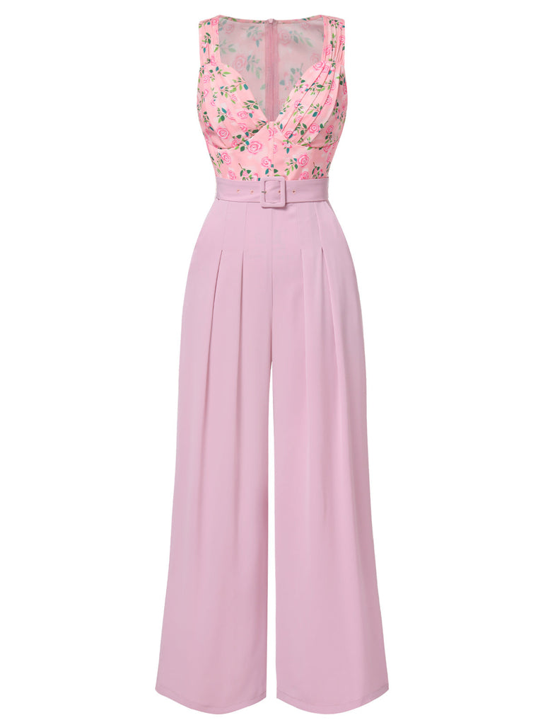 Combinaison ceinturée à col cœur motif roses rose des années 1960