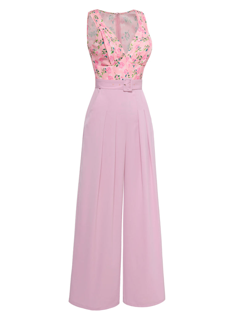 Combinaison ceinturée à col cœur motif roses rose des années 1960