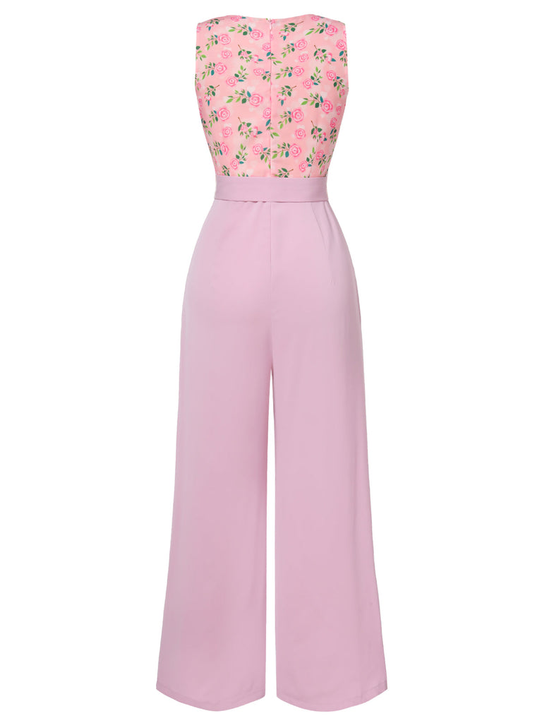 Combinaison ceinturée à col cœur motif roses rose des années 1960