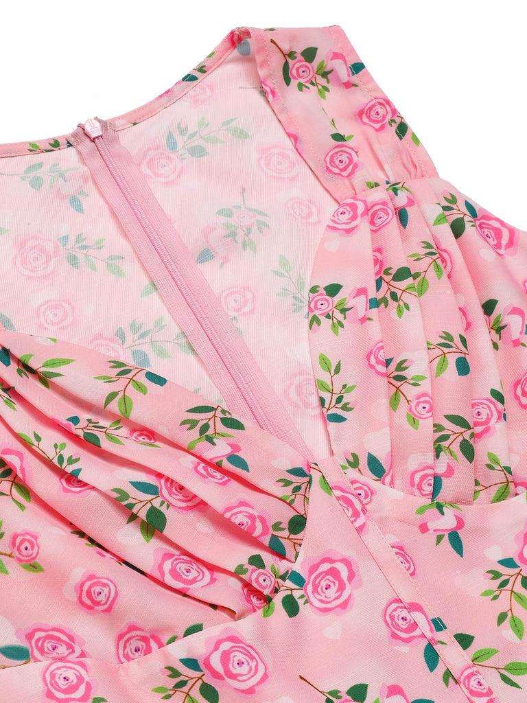 Combinaison ceinturée à col cœur motif roses rose des années 1960